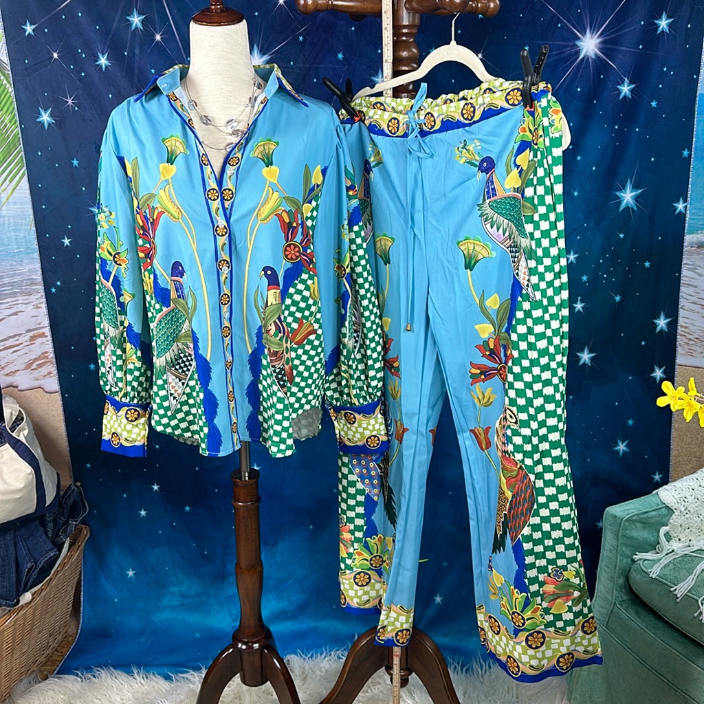 Summer Luncheon Set Or Pj Set. Bold Pattern Peasant Sleeve Blouse W/Pant